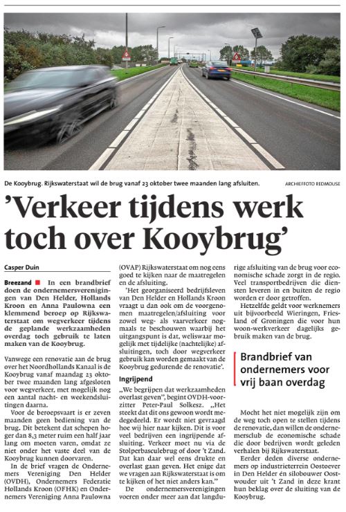 Brandbrief afsluiting Kooybrug naar Rijkswaterstaat
